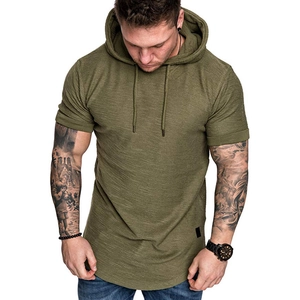 Detail of army green hooded T-shirt showing textured fabric and curved hemline