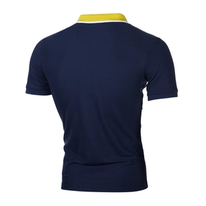 Detail view showing the navy blue back and yellow striped collar of this men's polo shirt