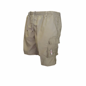 Detail of khaki cargo shorts showing elastic drawstring waist and sport zipper pocket