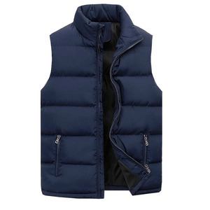 Men's navy blue quilted vest with standing collar and zipper closure on white background