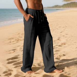 Men's breathable black linen pants with drawstring waist for summer beach vacations
