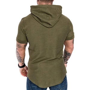 Rear view detail of men's short sleeve hooded T-shirt with curved hem in olive green