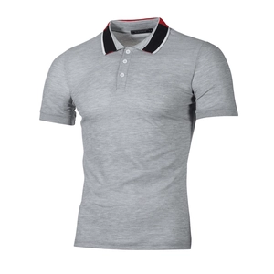 Men's slim fit light grey striped polo shirt with red and black contrast collar design