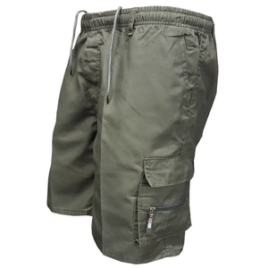 Men's olive cargo shorts with elastic drawstring waist and side sport label pockets