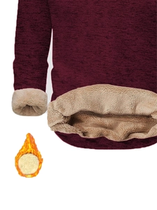 Detail of burgundy standing collar sweatshirt showing thick beige faux fleece lining