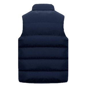 Back view of navy blue quilted vest showing horizontal stitching and stand collar detail