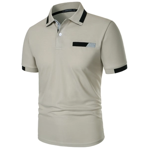 Detail of khaki men's slim fit polo shirt with black contrast collar and knit texture