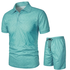Detailed view of the turquoise 3D geometric texture on men polo shirt and shorts