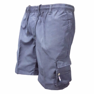 Men's navy cargo shorts with elastic drawstring waist and multi-pocket outdoor design