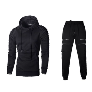 Men's black sportswear tracksuit with pleated hoodie and cargo pants with silver zippers