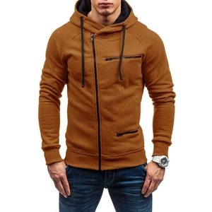 Detail of tan men's zip hoodie featuring asymmetric zipper and black drawstring hood