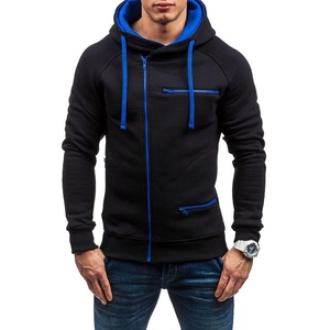 Close-up of the hooded sweatshirt showing bright blue zipper and drawcord detail