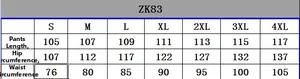 Size chart for men loose breakaway pants showing length, hip and waist from S to 4XL