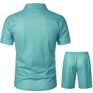Rear view detail of men's polo shirt and shorts set with green geometric patterns