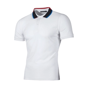 Slim fit white polo shirt for men featuring striped collar and ribbed cuffs design