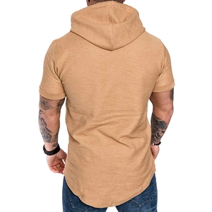 Detail view of camel hooded t-shirt with textured fabric and curved hem design