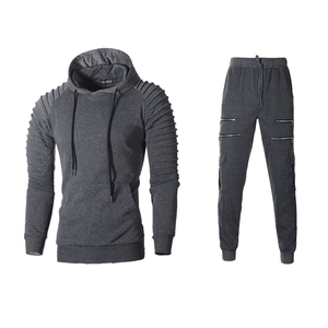 Men's dark grey hooded tracksuit set with pleated shoulder and multiple zipper details