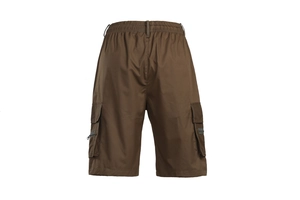Close-up of men's cargo shorts featuring elastic waistband and large rear utility pockets