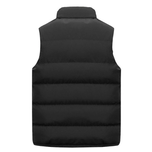 Back view of a black padded vest with a stand collar and wide horizontal quilting