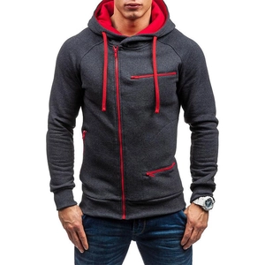 Detail of men's dark grey fleece hoodie with contrast red zippers and drawstrings