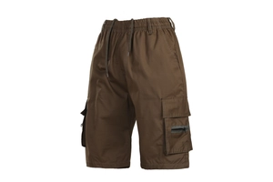 Detail of men's cargo shorts showing elastic waistband with drawstring and side zip pockets