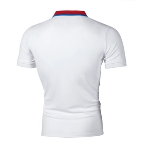 Rear view of white slim-fit Polo shirt featuring striped tricolor ribbed collar details