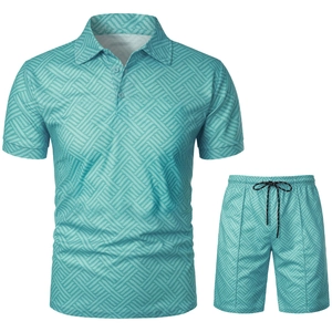 Detail of teal 3D geometric pattern on men's summer polo shirt and matching shorts set
