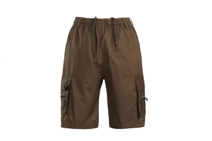 Detail view of men's cargo shorts with elastic drawstring waist and side zipper pockets