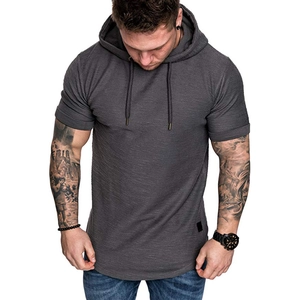 Close-up of charcoal grey hooded t-shirt showing fabric texture and drawstring details