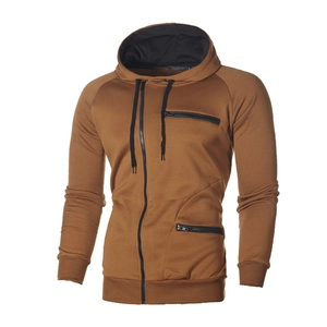 Detail of men's brown zip hoodie with chest pocket and ribbed cuffs in soft fleece