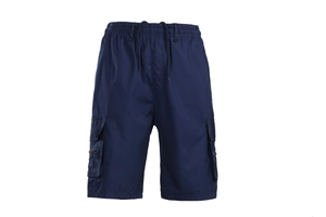 Detail of navy cargo shorts featuring elastic waistband, drawstring, and secure zip pockets
