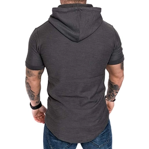 Rear view of grey short sleeve hooded t-shirt with textured fabric and curved hem