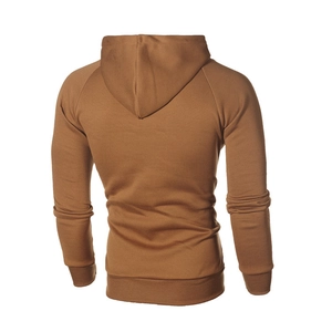 Rear view of thick caramel brown fleece hoodie featuring raglan sleeves and ribbed cuffs