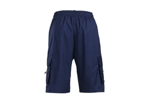 Rear view of mens dark blue cargo shorts showing elastic waist and zipper utility pockets