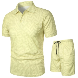 Close-up of light yellow men's polo set showing 3D geometric texture and drawstring detail