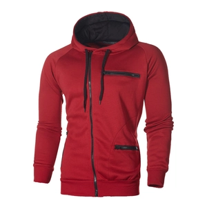Detail view of a men's dark red hoodie with black zipper pockets and drawstring