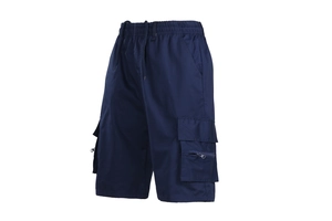 Detail of navy blue cargo shorts featuring elastic drawstring waist and side zip pockets