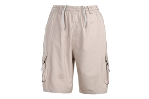Detail of men's cargo shorts showing elastic drawstring waist and multi-pocket design