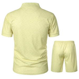 Macro detail of men's summer polo set showing light yellow geometric 3D fabric texture