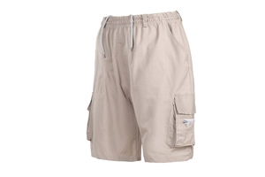 Detail of khaki cargo shorts showing elastic waist, grey drawstring, and large side zip pockets
