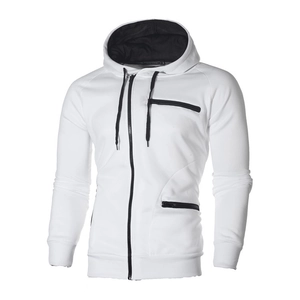 Detail of white men's hooded jacket with contrasting black zippers and ribbed cuffs