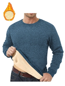 Detail view of men's blue thermal sweater showing the thick beige fleece lining texture