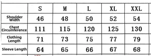 Size chart showing shoulder, chest, length and sleeve measurements from S to XXL