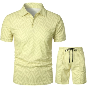 Close-up of pale yellow men's polo set with geometric weave texture and drawstring detail