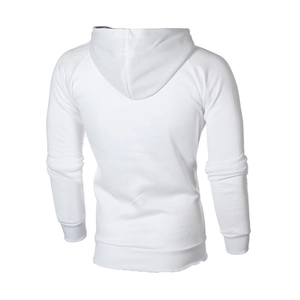 Rear view of white fleece zip-up hoodie featuring raglan sleeves and ribbed cuffs