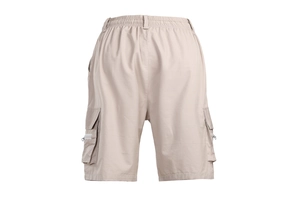 Detail of khaki men's cargo shorts featuring elastic drawstring waist and zippered back pocket