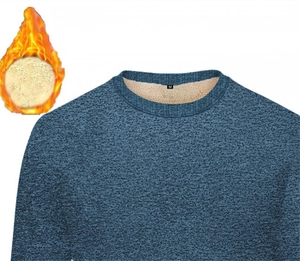 Close-up of blue stand-collar sweater featuring soft fleece lining and M-size label
