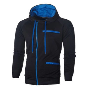 Detail of men's black zip hooded sweatshirt with electric blue accents and raglan sleeves