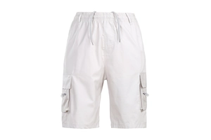 Detail of men's cargo shorts featuring an elastic waistband with adjustable drawstrings