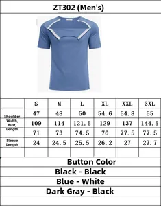 Detailed size chart for men's post-surgery recovery snap shirts from size S to 3XL